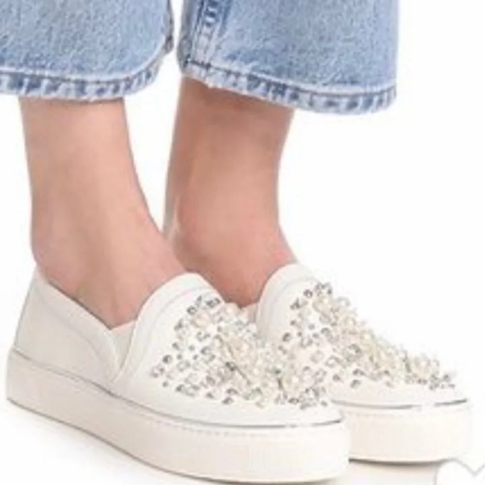 Stuart Weitzman Pearl Embellished Leather SlipOn Platform Sneakers Shoe Slides 7 - Picture 3 of 16